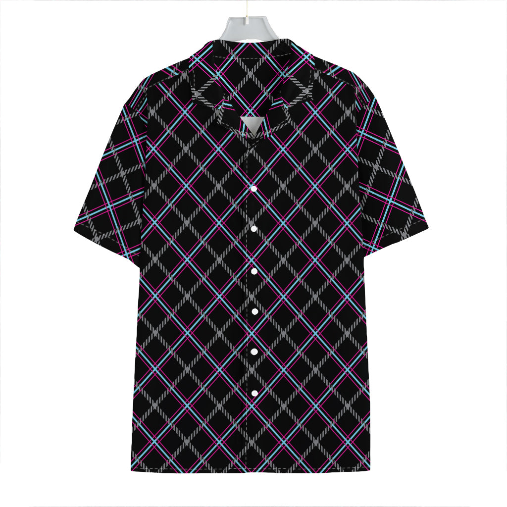 Black Grey Blue And Pink Tartan Print Hawaiian Shirt