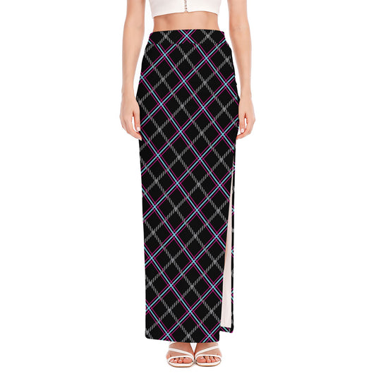 Black Grey Blue And Pink Tartan Print High Slit Maxi Skirt