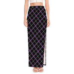 Black Grey Blue And Pink Tartan Print High Slit Maxi Skirt