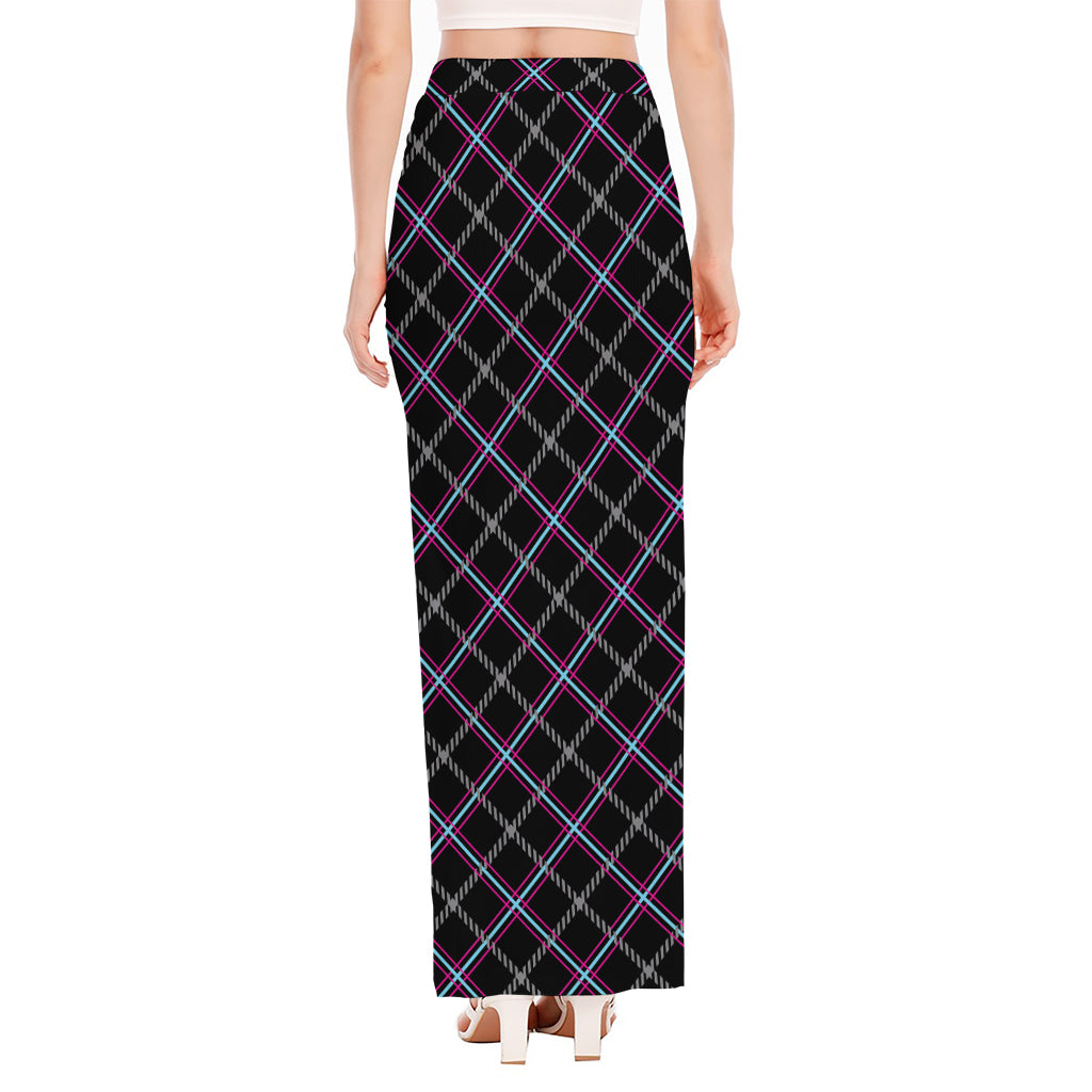 Black Grey Blue And Pink Tartan Print High Slit Maxi Skirt