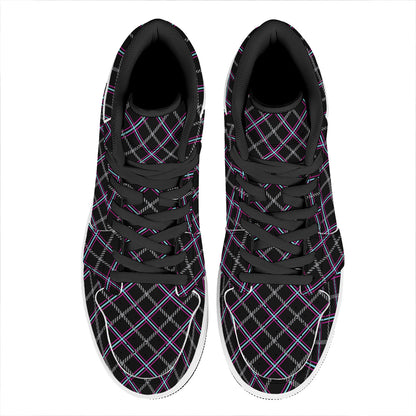 Black Grey Blue And Pink Tartan Print High Top Leather Sneakers