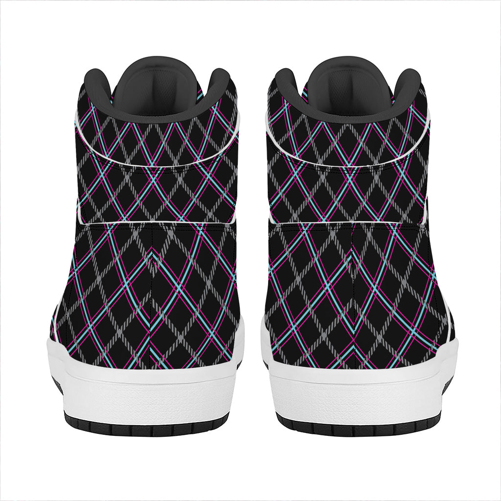 Black Grey Blue And Pink Tartan Print High Top Leather Sneakers