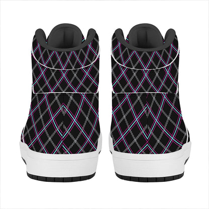 Black Grey Blue And Pink Tartan Print High Top Leather Sneakers