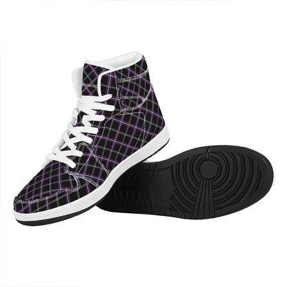Black Grey Blue And Pink Tartan Print High Top Leather Sneakers