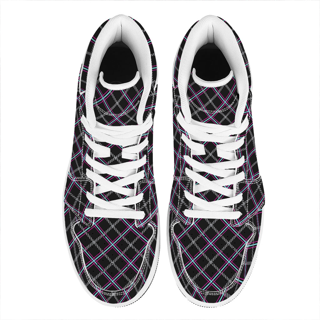 Black Grey Blue And Pink Tartan Print High Top Leather Sneakers