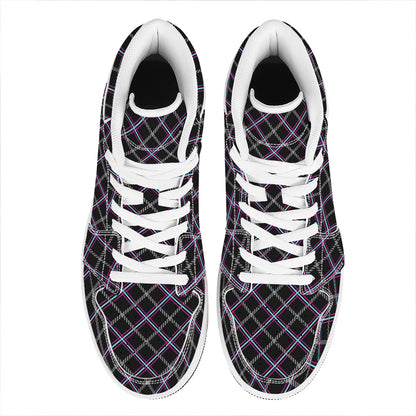Black Grey Blue And Pink Tartan Print High Top Leather Sneakers