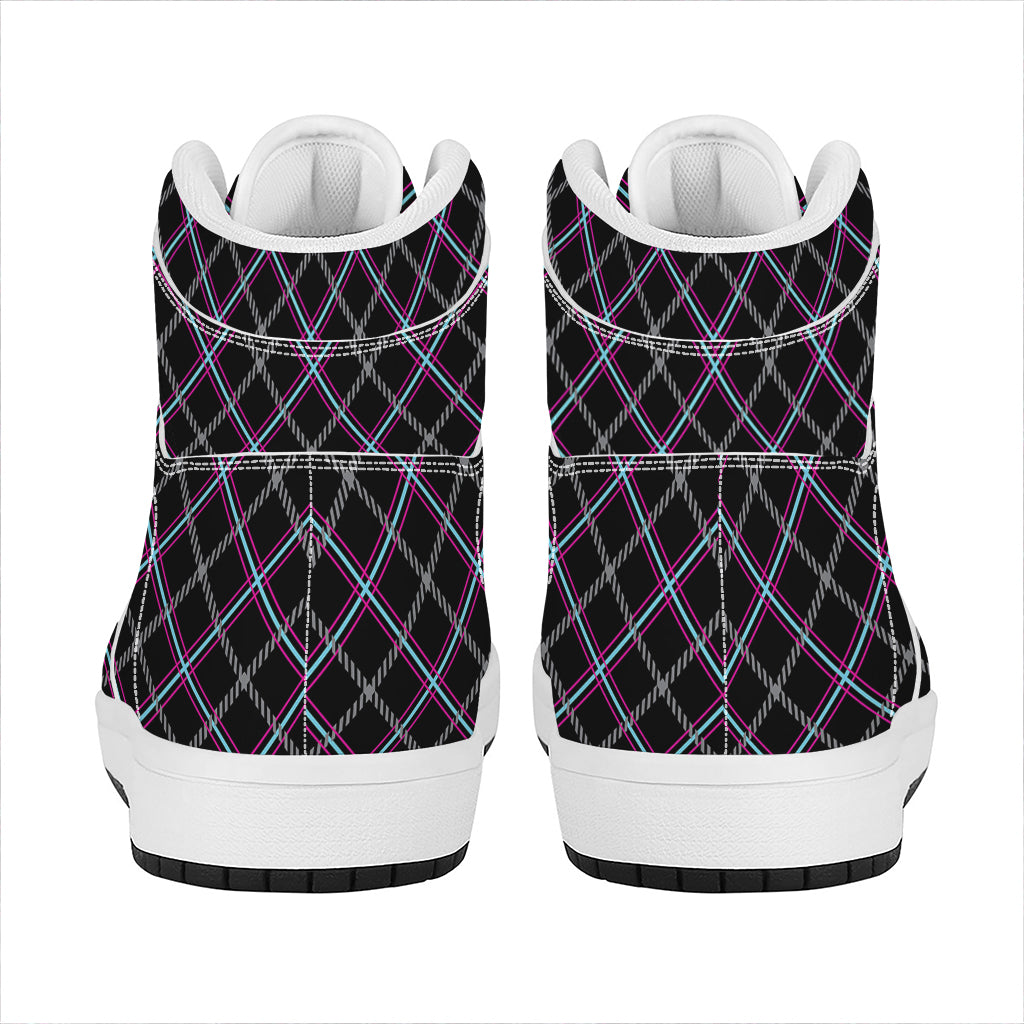 Black Grey Blue And Pink Tartan Print High Top Leather Sneakers