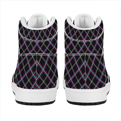 Black Grey Blue And Pink Tartan Print High Top Leather Sneakers