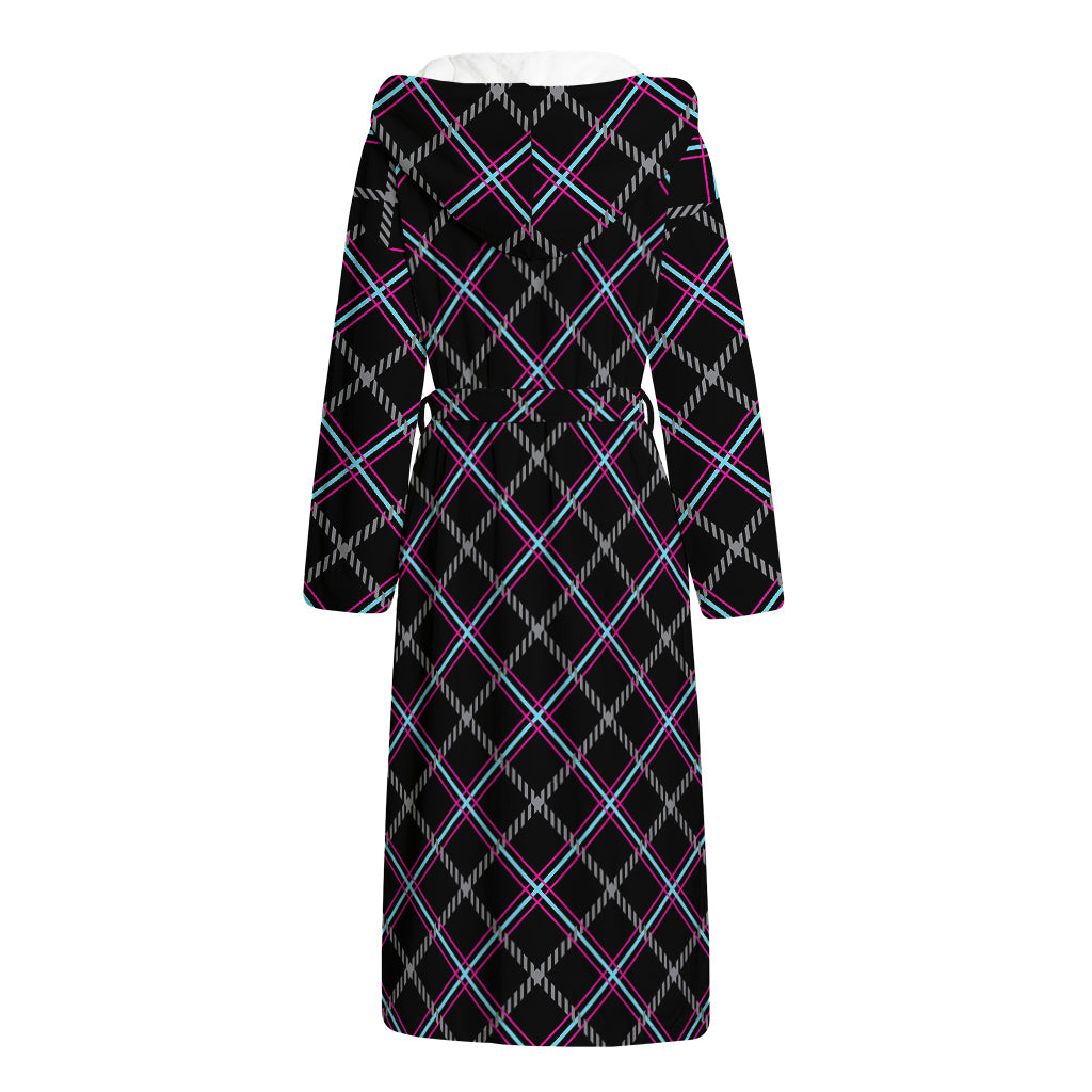 Black Grey Blue And Pink Tartan Print Hooded Bathrobe