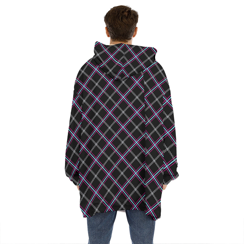 Black Grey Blue And Pink Tartan Print Hoodie Blanket