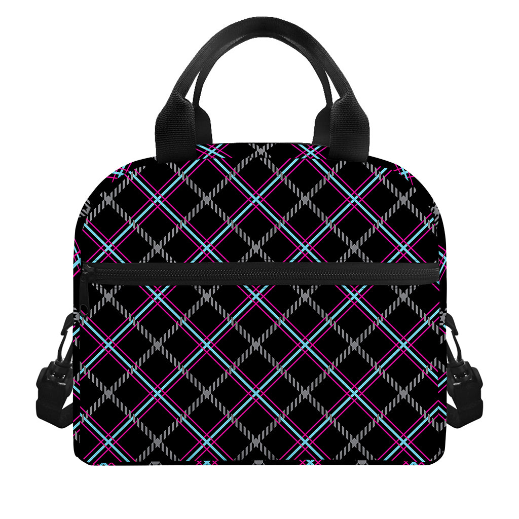 Black Grey Blue And Pink Tartan Print Insulated Lunch Bag