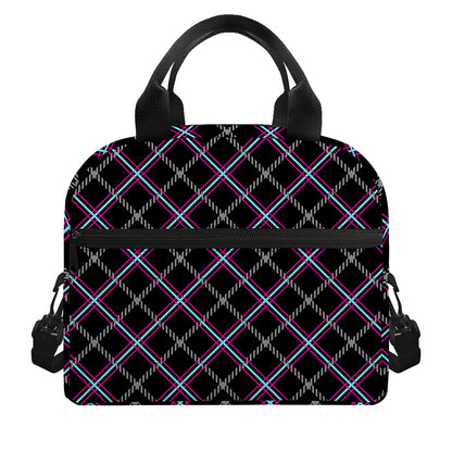 Black Grey Blue And Pink Tartan Print Insulated Lunch Bag