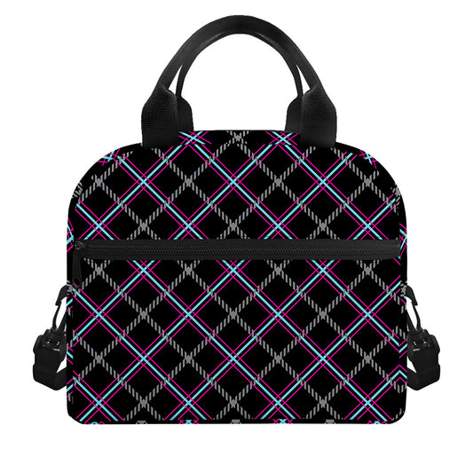 Black Grey Blue And Pink Tartan Print Insulated Lunch Bag