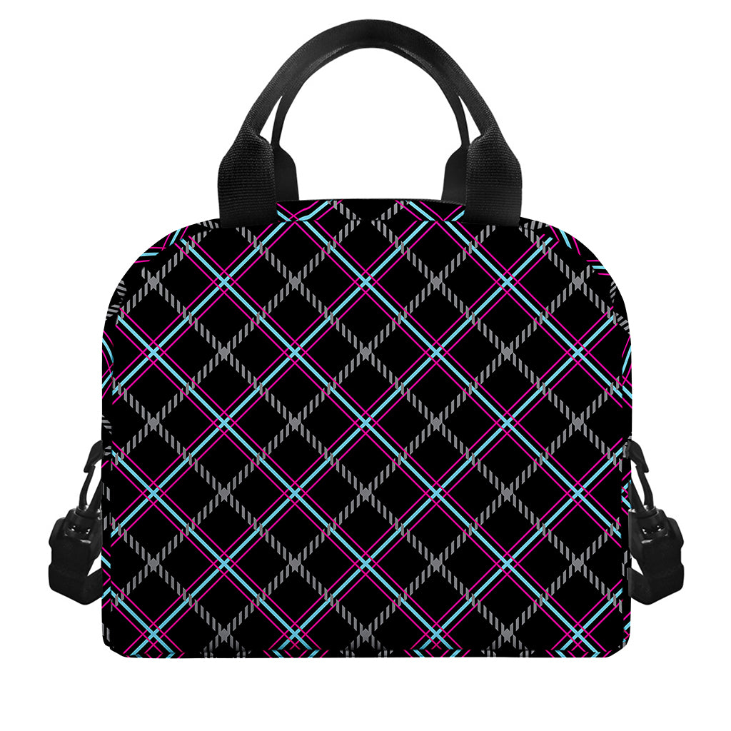 Black Grey Blue And Pink Tartan Print Insulated Lunch Bag