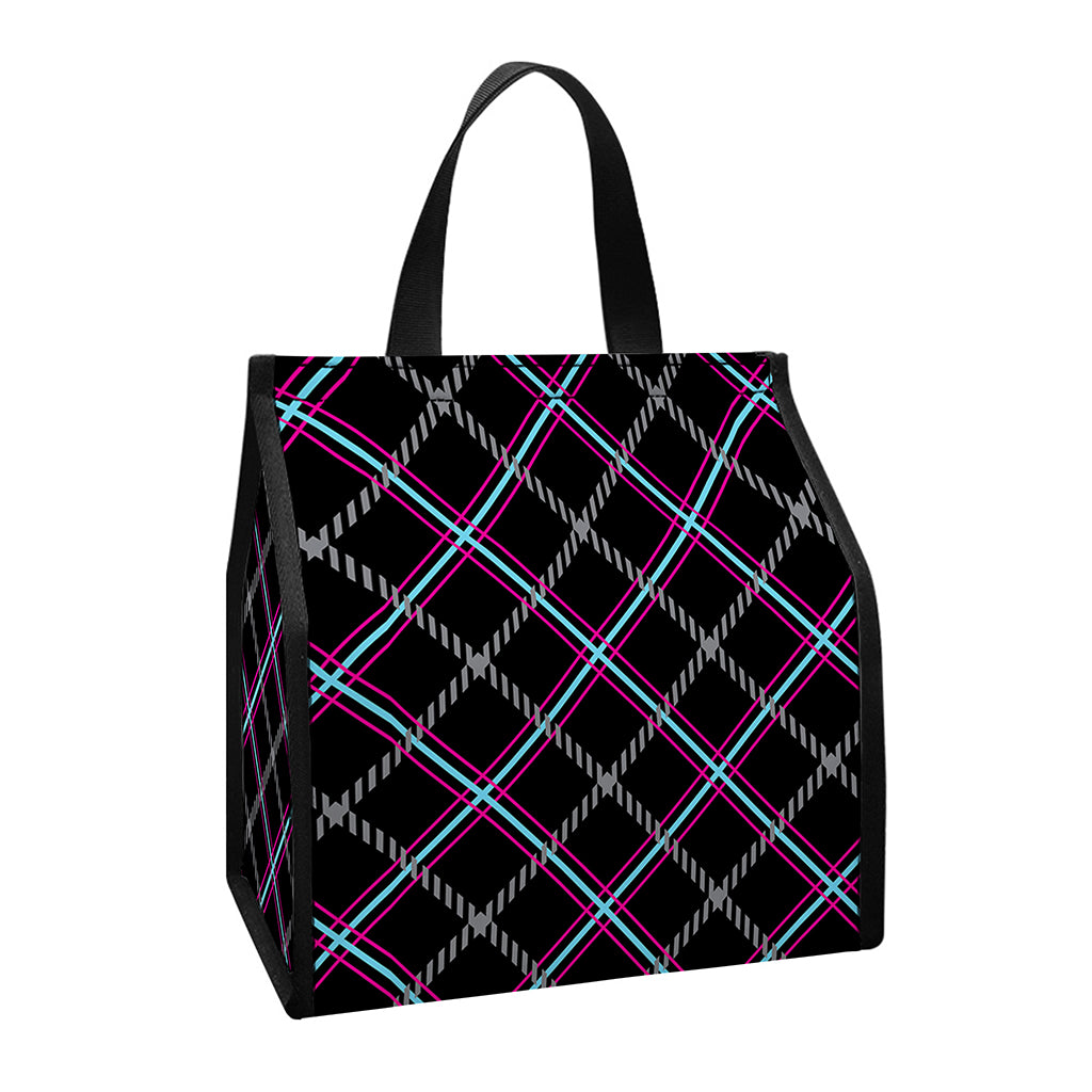 Black Grey Blue And Pink Tartan Print Insulated Lunch Tote