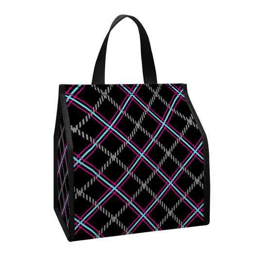 Black Grey Blue And Pink Tartan Print Insulated Lunch Tote