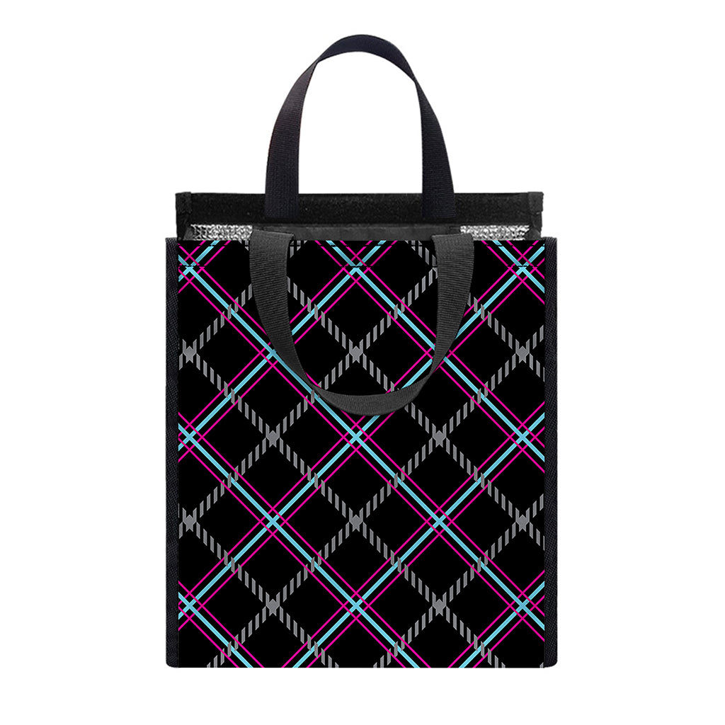 Black Grey Blue And Pink Tartan Print Insulated Lunch Tote