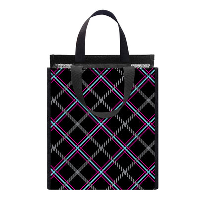 Black Grey Blue And Pink Tartan Print Insulated Lunch Tote