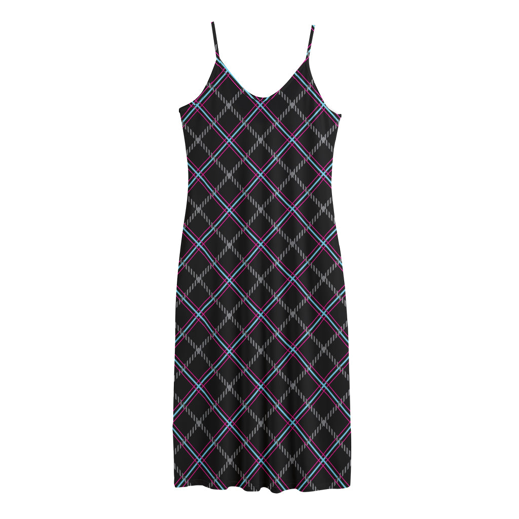 Black Grey Blue And Pink Tartan Print Jersey Midi Cami Dress