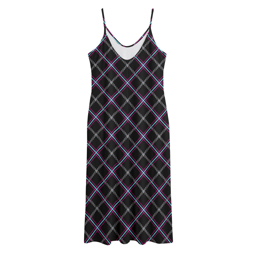 Black Grey Blue And Pink Tartan Print Jersey Midi Cami Dress