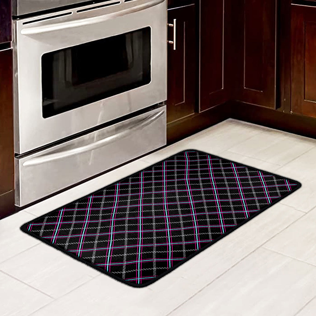 Black Grey Blue And Pink Tartan Print Kitchen Mat