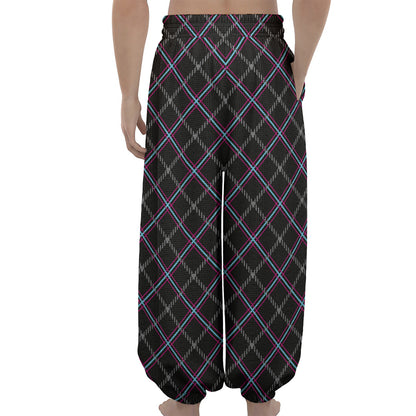 Black Grey Blue And Pink Tartan Print Lantern Pants