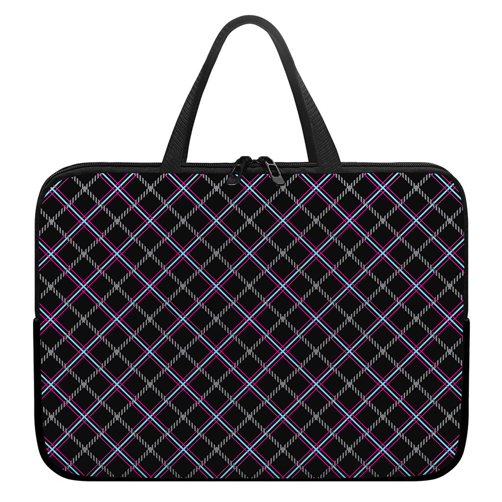 Black Grey Blue And Pink Tartan Print Laptop Sleeve With Handle