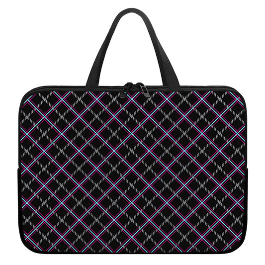 Black Grey Blue And Pink Tartan Print Laptop Sleeve With Handle