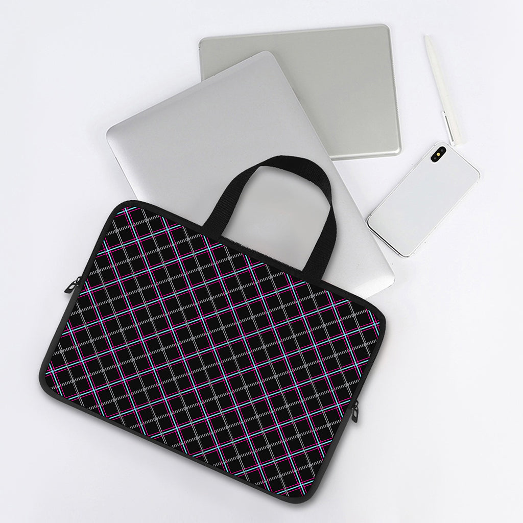 Black Grey Blue And Pink Tartan Print Laptop Sleeve With Handle