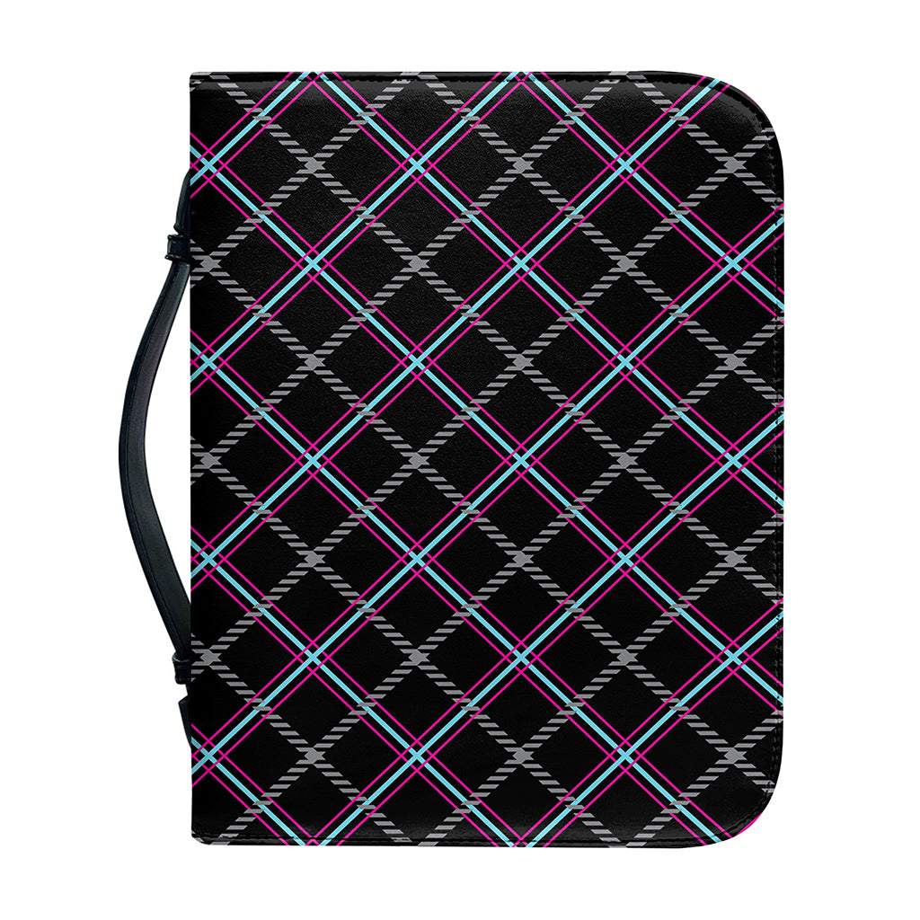 Black Grey Blue And Pink Tartan Print Leather Bible Cover