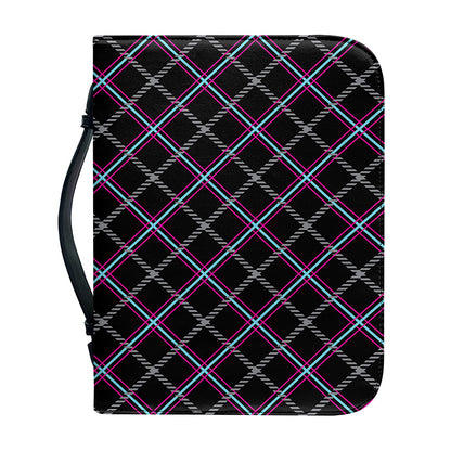 Black Grey Blue And Pink Tartan Print Leather Bible Cover
