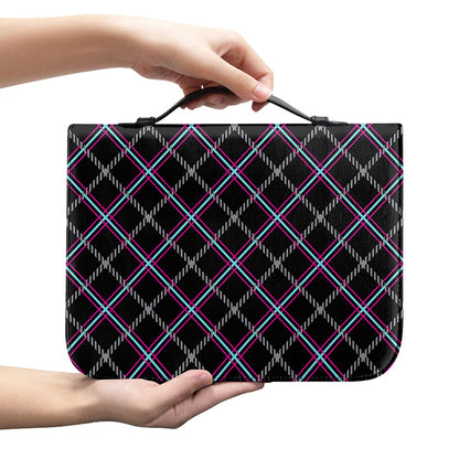 Black Grey Blue And Pink Tartan Print Leather Bible Cover