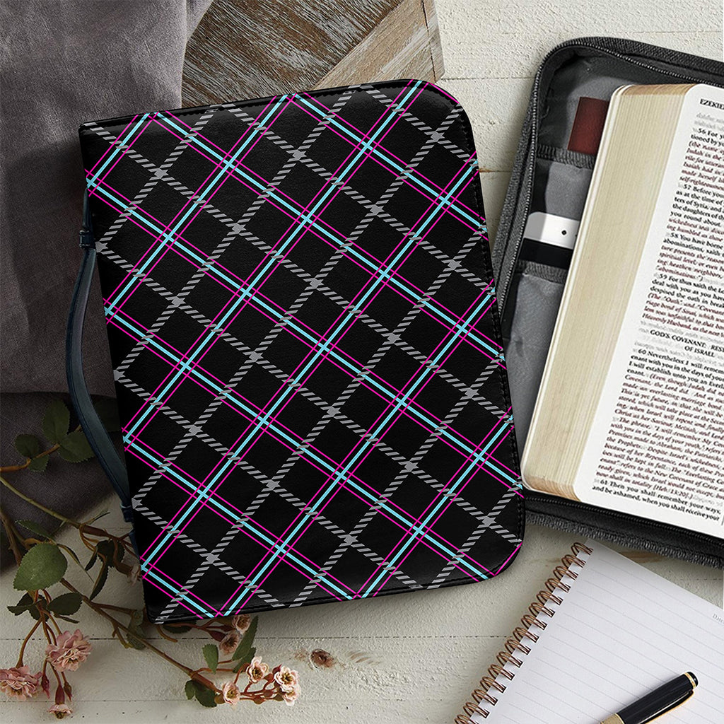 Black Grey Blue And Pink Tartan Print Leather Bible Cover