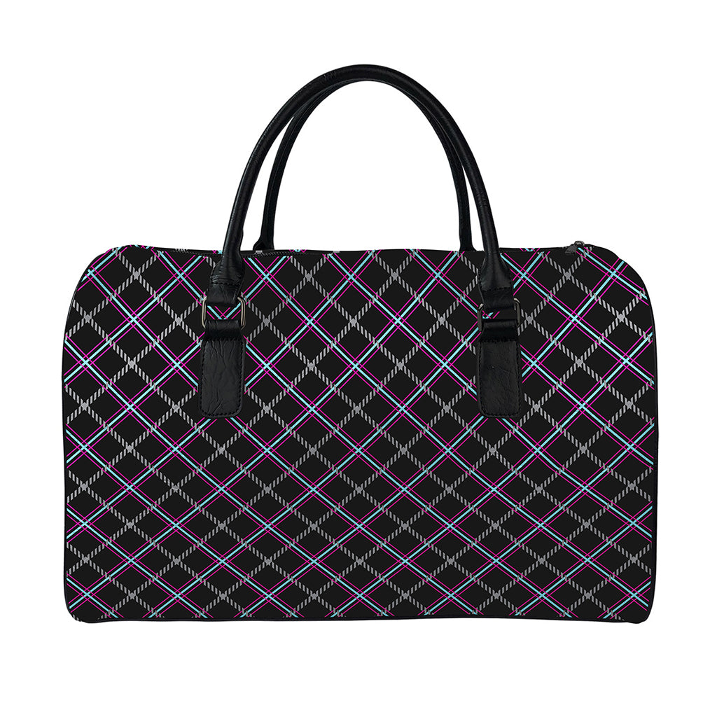 Black Grey Blue And Pink Tartan Print Leather Duffle Bag
