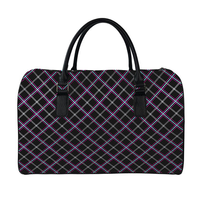Black Grey Blue And Pink Tartan Print Leather Duffle Bag