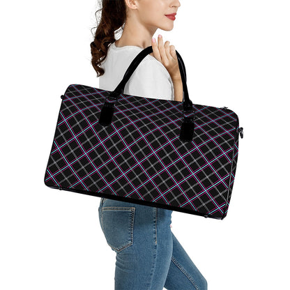 Black Grey Blue And Pink Tartan Print Leather Duffle Bag