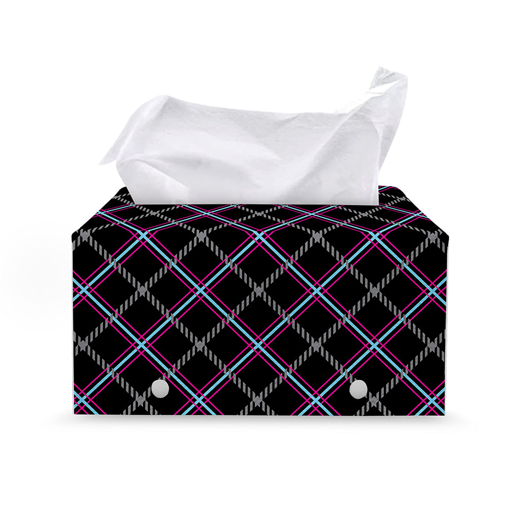 Black Grey Blue And Pink Tartan Print Leather Tissue Box Cover