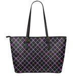 Black Grey Blue And Pink Tartan Print Leather Tote Bag