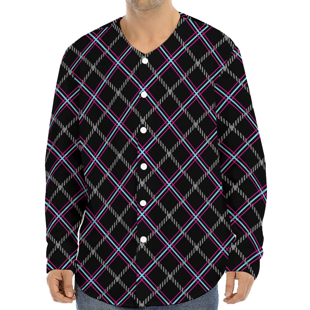 Black Grey Blue And Pink Tartan Print Long Sleeve Baseball Jersey