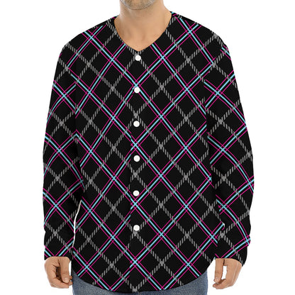 Black Grey Blue And Pink Tartan Print Long Sleeve Baseball Jersey