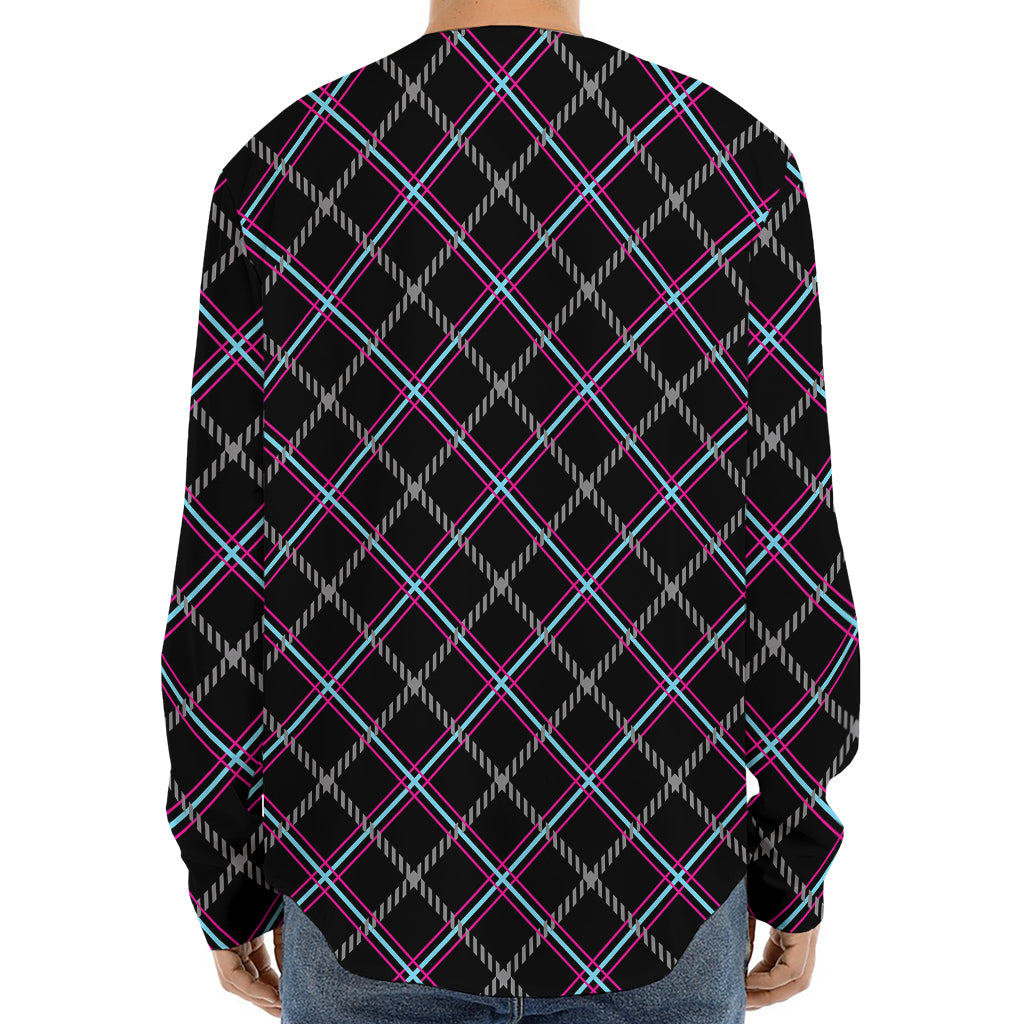 Black Grey Blue And Pink Tartan Print Long Sleeve Baseball Jersey