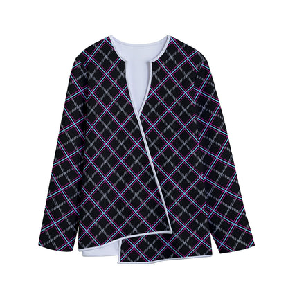 Black Grey Blue And Pink Tartan Print Long Sleeve Short Coat