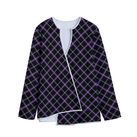 Black Grey Blue And Pink Tartan Print Long Sleeve Short Coat