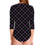 Black Grey Blue And Pink Tartan Print Long Sleeve Swimsuit