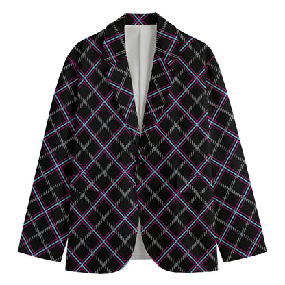 Black Grey Blue And Pink Tartan Print Men's Cotton Blazer