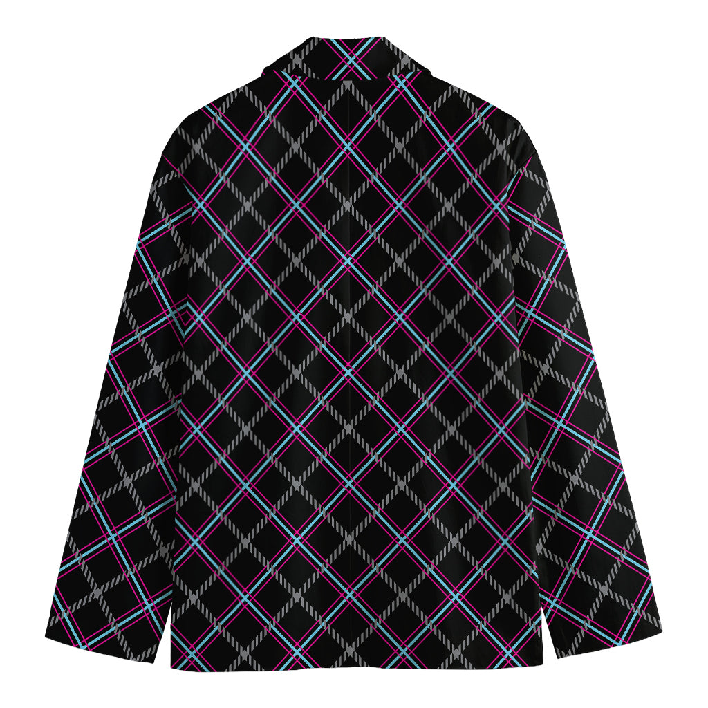 Black Grey Blue And Pink Tartan Print Men's Cotton Blazer