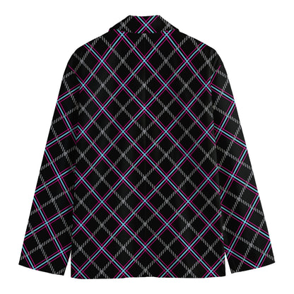 Black Grey Blue And Pink Tartan Print Men's Cotton Blazer