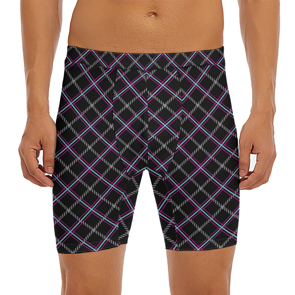 Black Grey Blue And Pink Tartan Print Men's Long Boxer Briefs