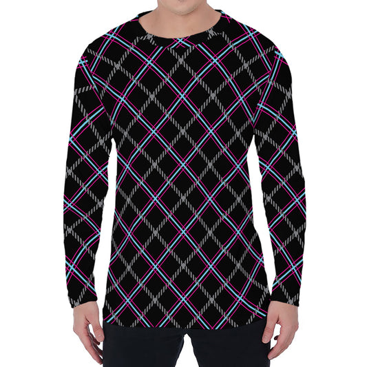 Black Grey Blue And Pink Tartan Print Men's Long Sleeve T-Shirt