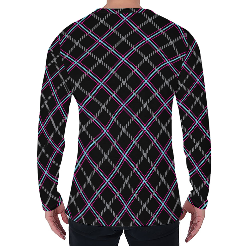 Black Grey Blue And Pink Tartan Print Men's Long Sleeve T-Shirt